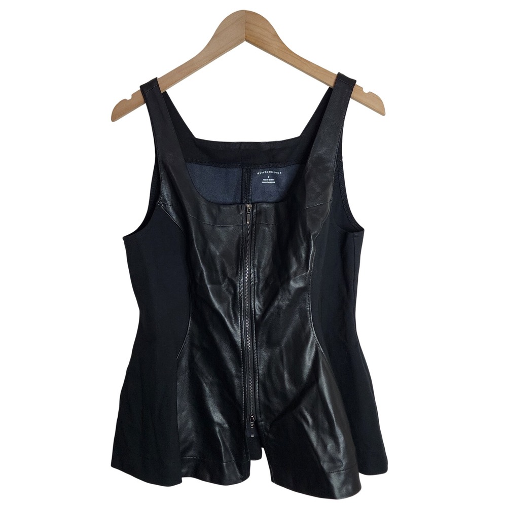 Anthropologie Peplum Top Women Large Black Faux Leather Zip Front Sleeveless
